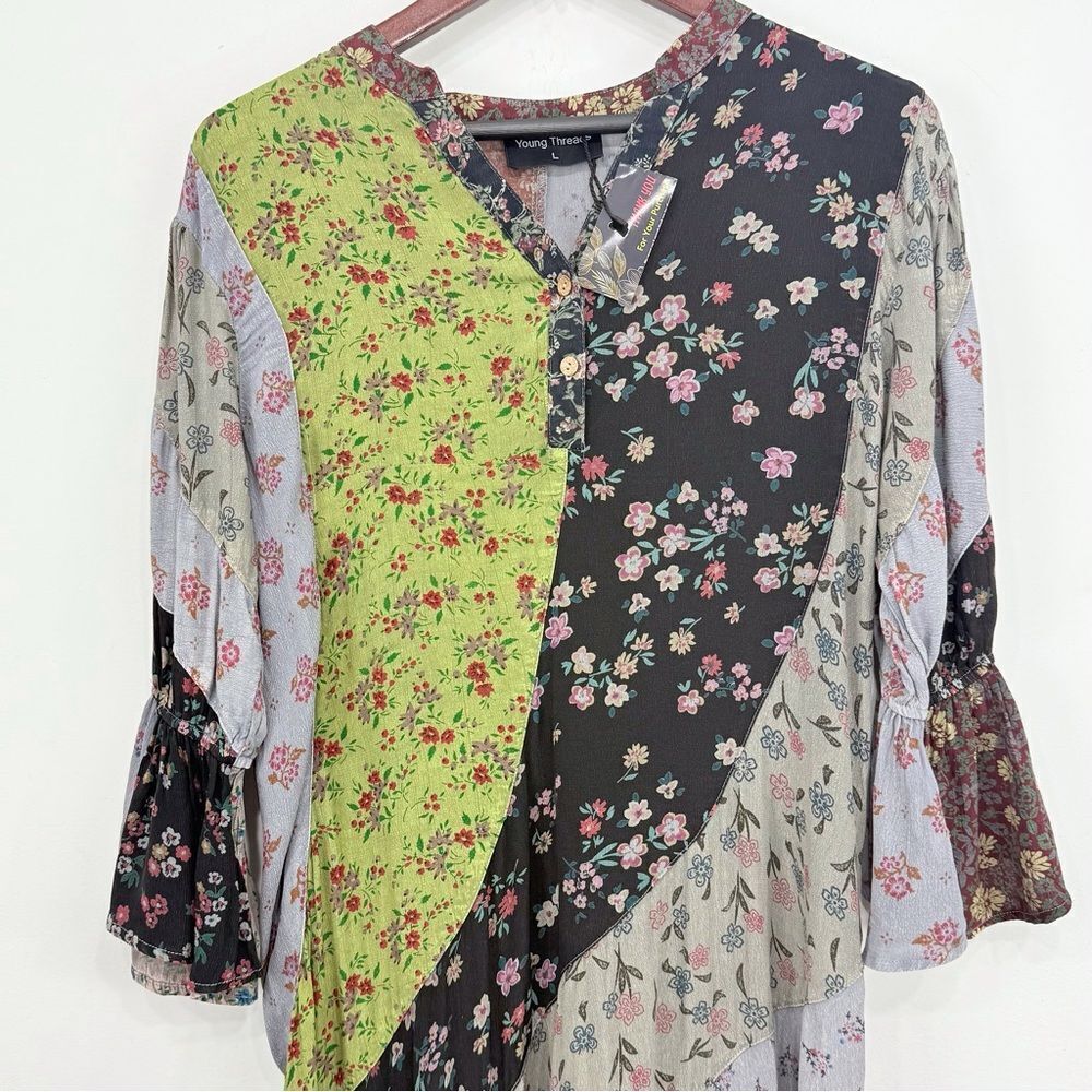 Young Threads Earth Tone Complimentary Asymetrical Floral Patchwork Ruffle Dress - Picture 2 of 16